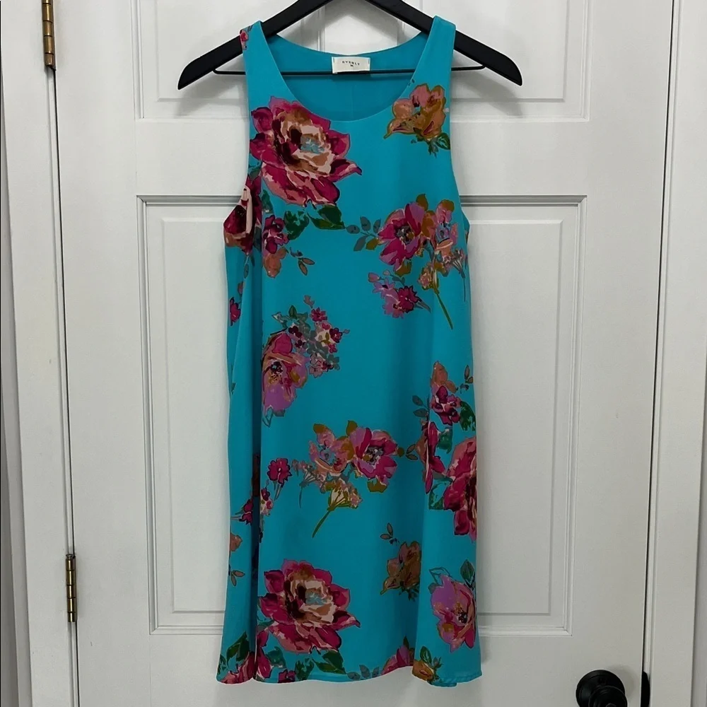 Everly Turquoise Blue and Pink Floral Sheath Sleeveless Mini Dress - Size Small